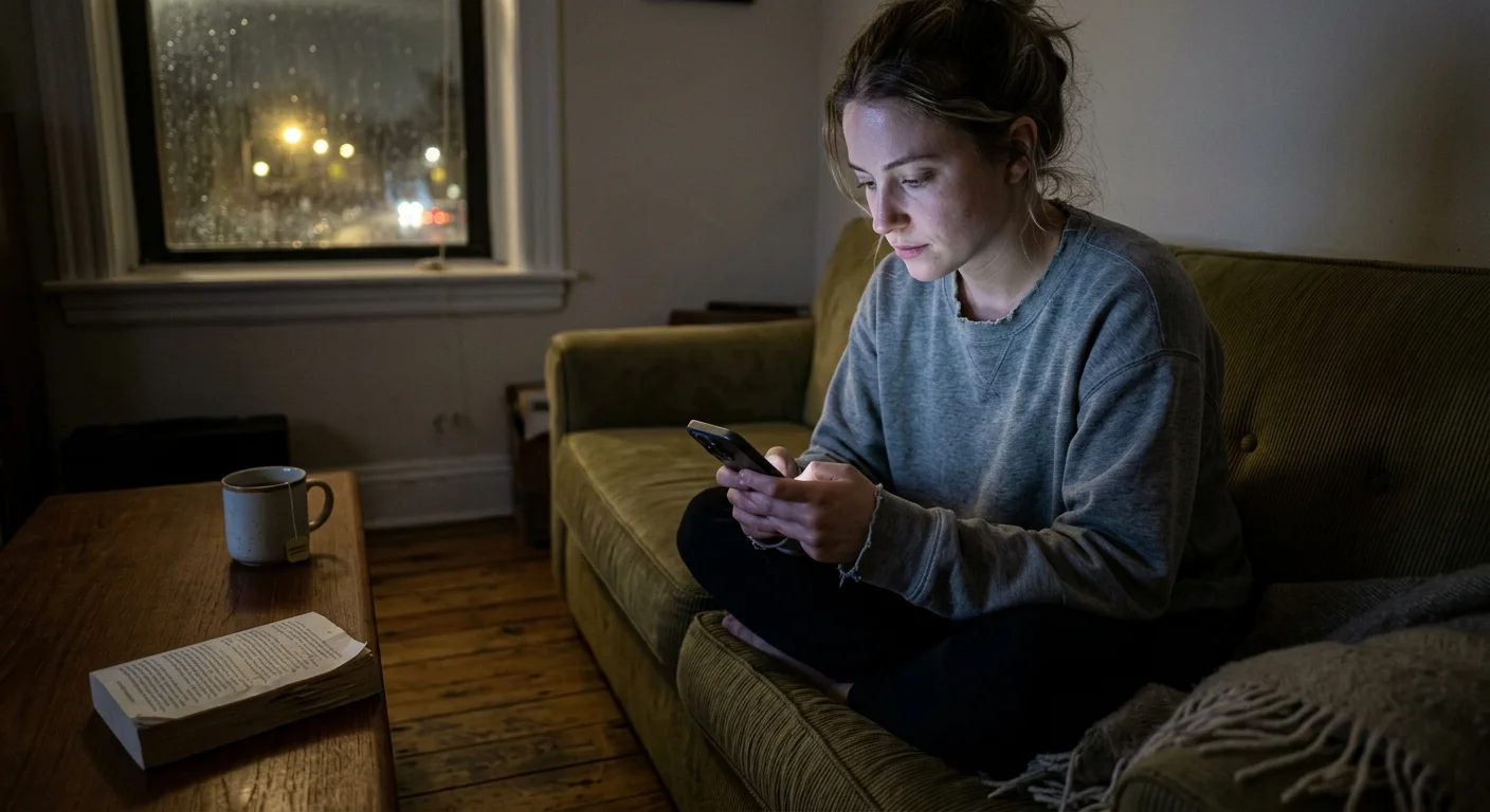 A woman sits on a sofa in a dark room, her face illuminated by the blue light of her smartphone screen.