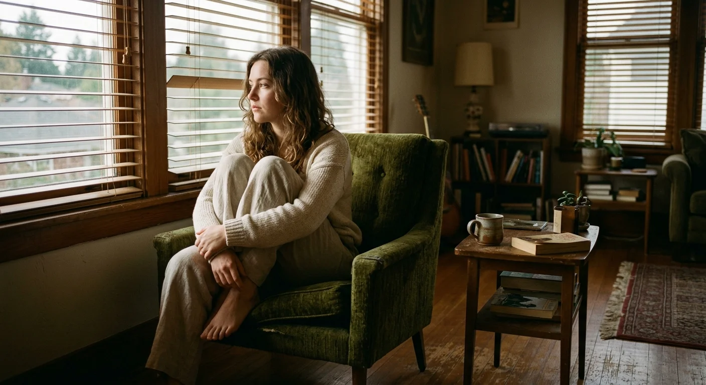 A woman sits quietly in an armchair, looking out a window as soft afternoon light filters through the room.