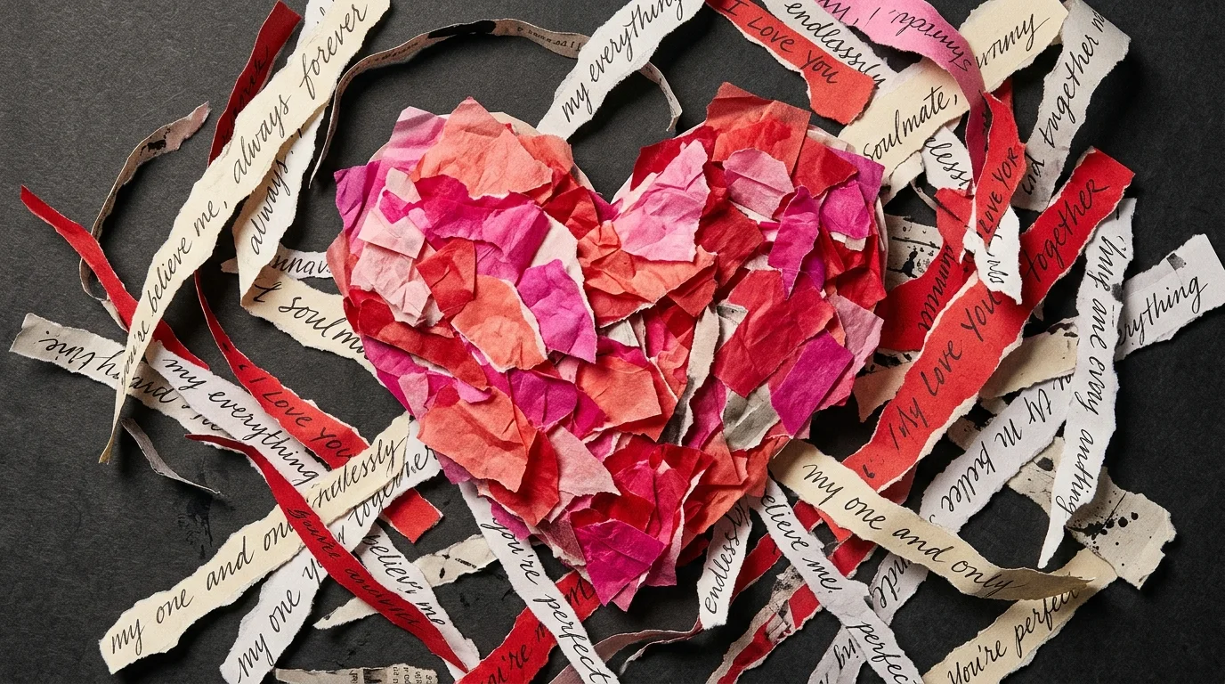 An abstract collage of a heart overwhelmed by overlapping torn paper strips containing words like soulmate and forever.