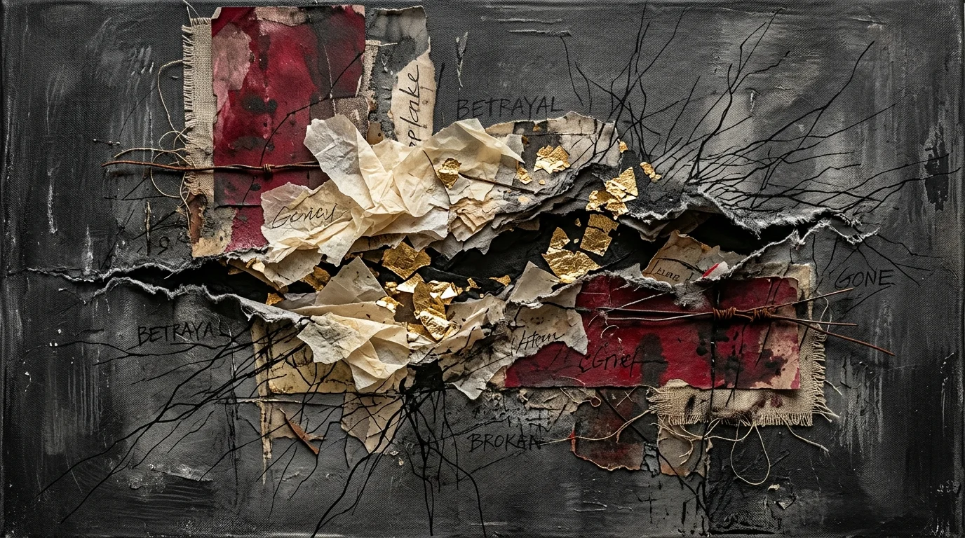 An abstract collage of dark grey paper slashed open to reveal delicate, wrinkled cream paper and gold leaf underneath.