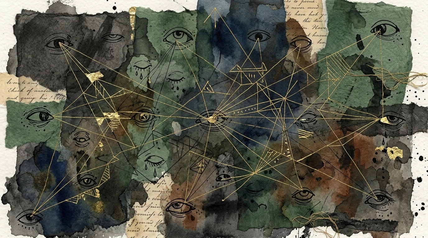 An abstract collage of hand-drawn eyes connected by golden threads over a dark watercolor background.