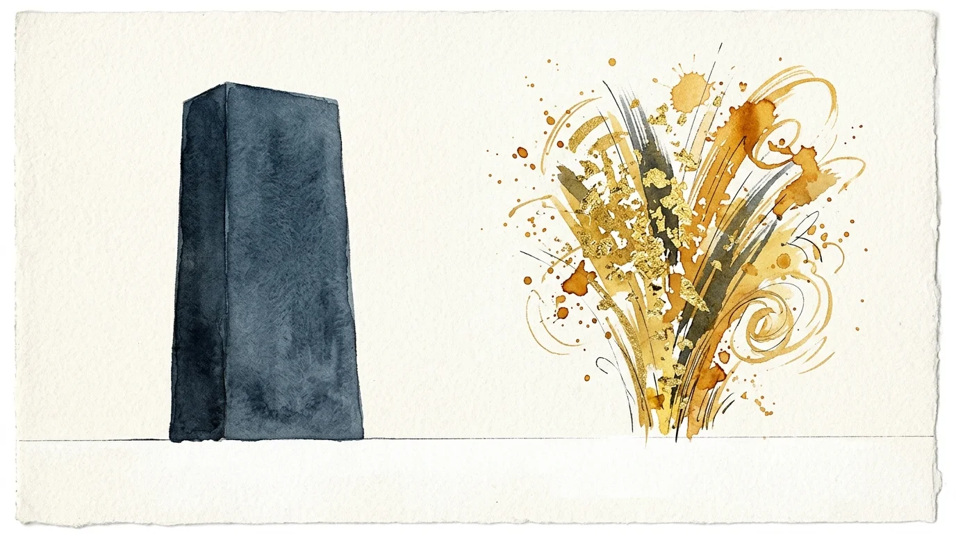 An abstract illustration of a quiet dark monolith standing next to a vibrant, chaotic burst of gold and amber brushstrokes.