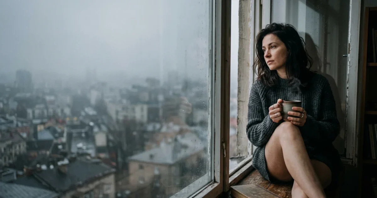 An adult in a knit sweater sits on a window sill on a gray day, looking out over a misty city with a steaming mug.