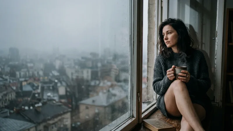 An adult in a knit sweater sits on a window sill on a gray day, looking out over a misty city with a steaming mug.