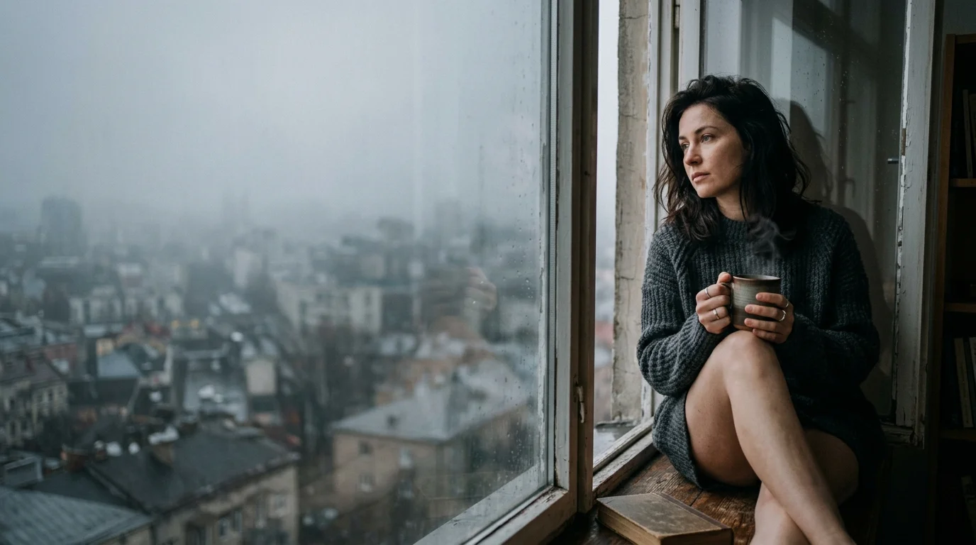 An adult in a knit sweater sits on a window sill on a gray day, looking out over a misty city with a steaming mug.