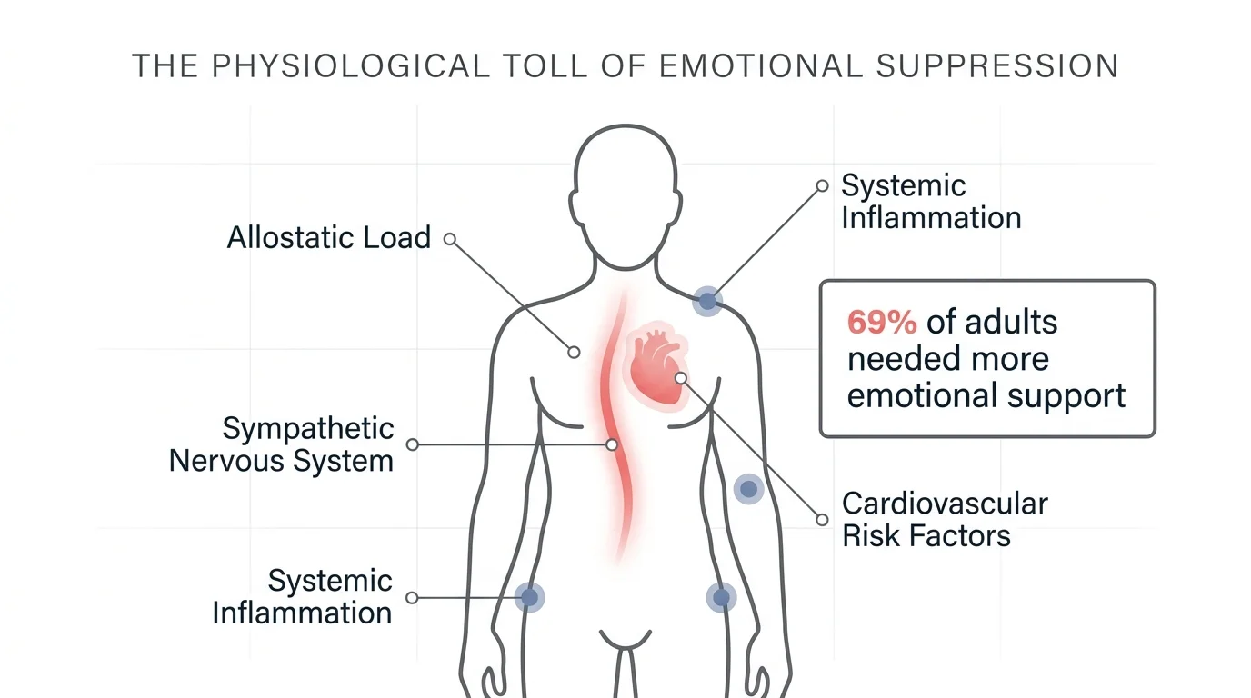 An anatomical diagram of a human body highlighting the physical effects of stress, like allostatic load and nervous system activation.