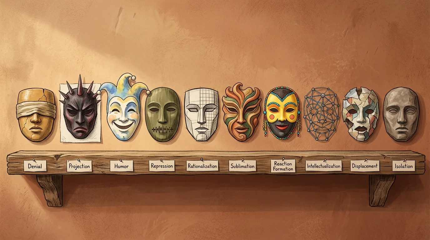 An array of ten unique, stylized masks on a wooden shelf, representing different psychological defenses.