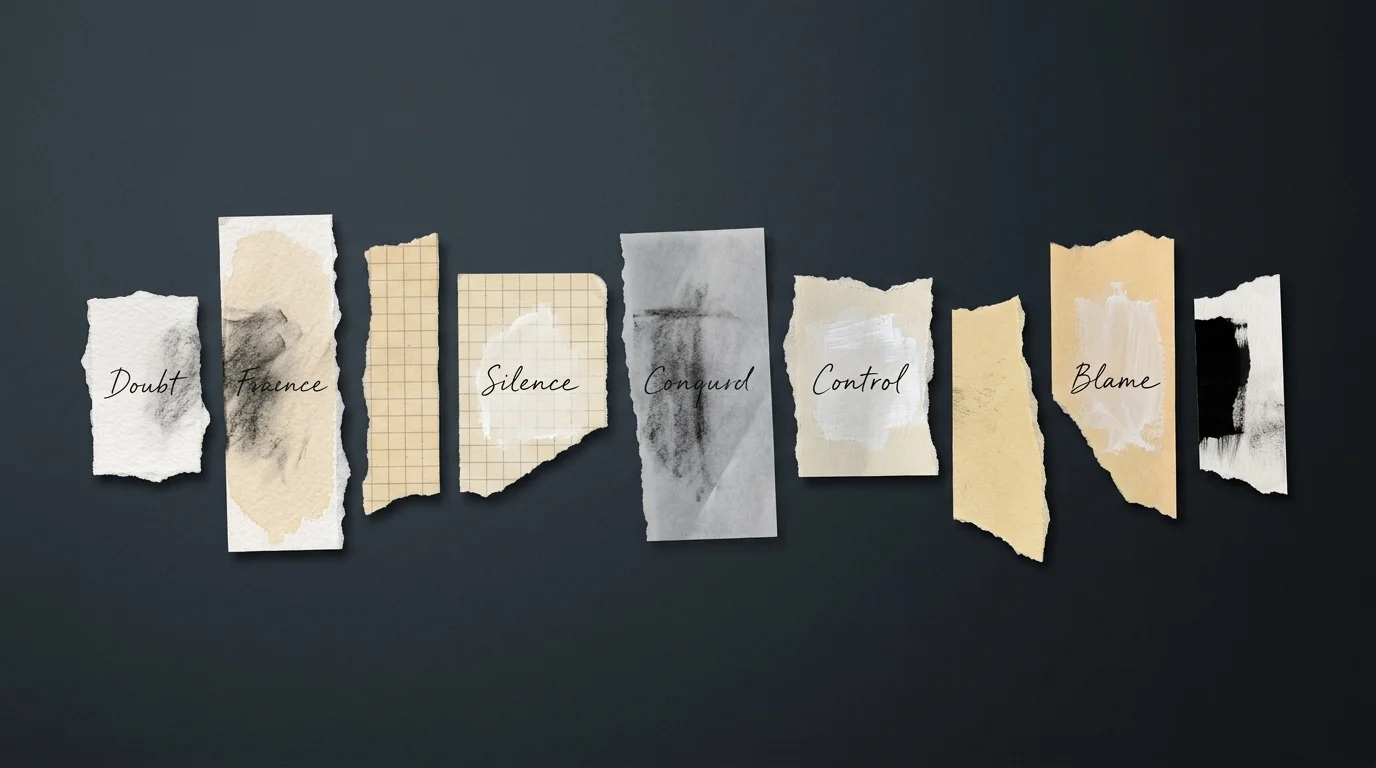 An artistic arrangement of nine torn paper fragments on a dark background, some bearing words like 'Doubt' and 'Control' in faint ink.