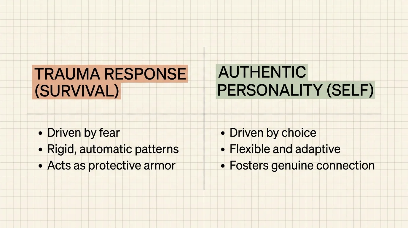 An editorial diagram comparing 'Trauma Response' in terracotta against 'Authentic Personality' in sage green.