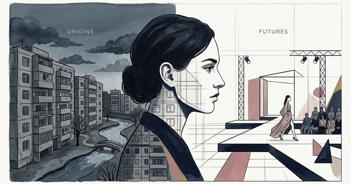 An editorial gouache illustration of a woman's profile transitioning from concrete architecture to elegant fashion lines.