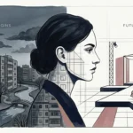 An editorial gouache illustration of a woman's profile transitioning from concrete architecture to elegant fashion lines.