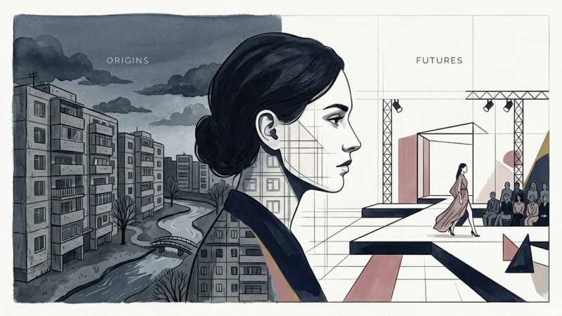 An editorial gouache illustration of a woman's profile transitioning from concrete architecture to elegant fashion lines.