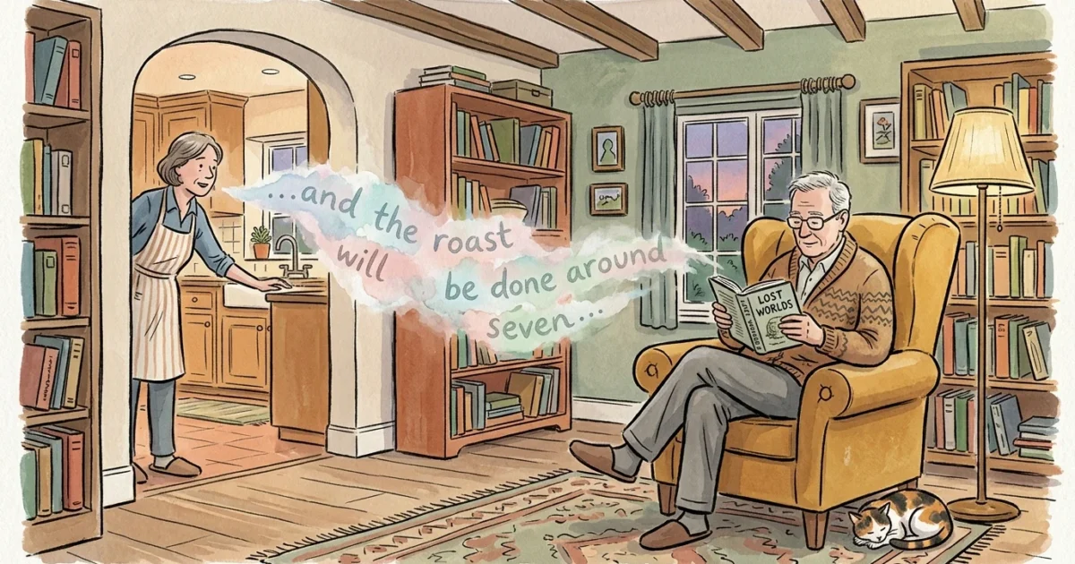 An editorial illustration of a senior man in an armchair while his partner speaks from a distance, with her voice fading as watercolor mist.