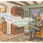 An editorial illustration of a senior man in an armchair while his partner speaks from a distance, with her voice fading as watercolor mist.