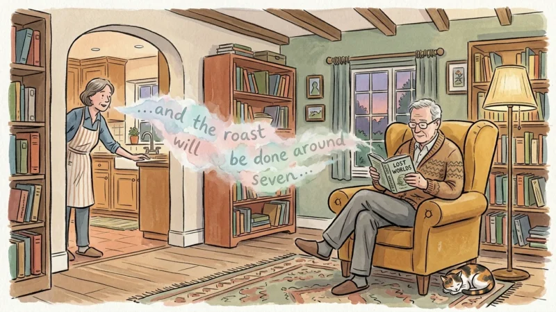 An editorial illustration of a senior man in an armchair while his partner speaks from a distance, with her voice fading as watercolor mist.