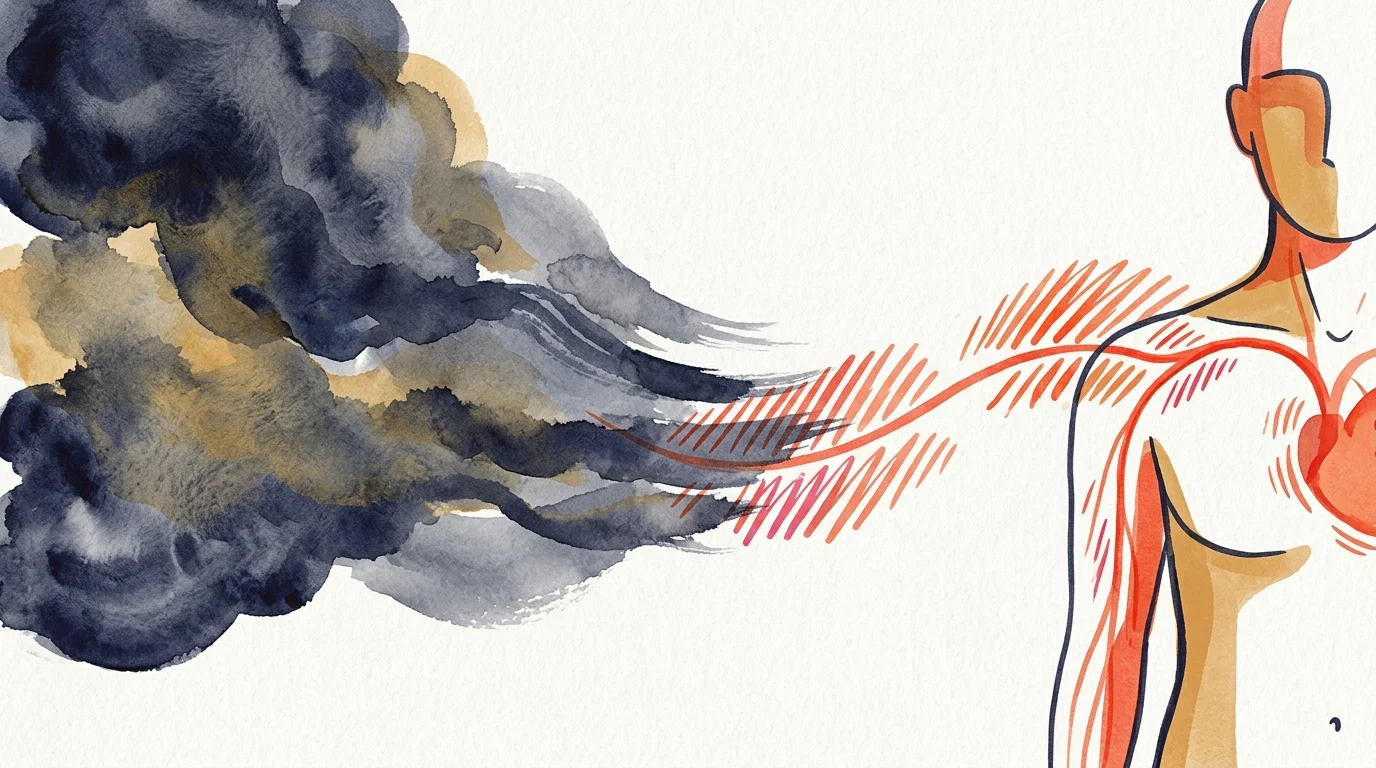 An editorial illustration showing heavy indigo clouds of stress transitioning into sharp red ink hatch-marks along a single nerve line.