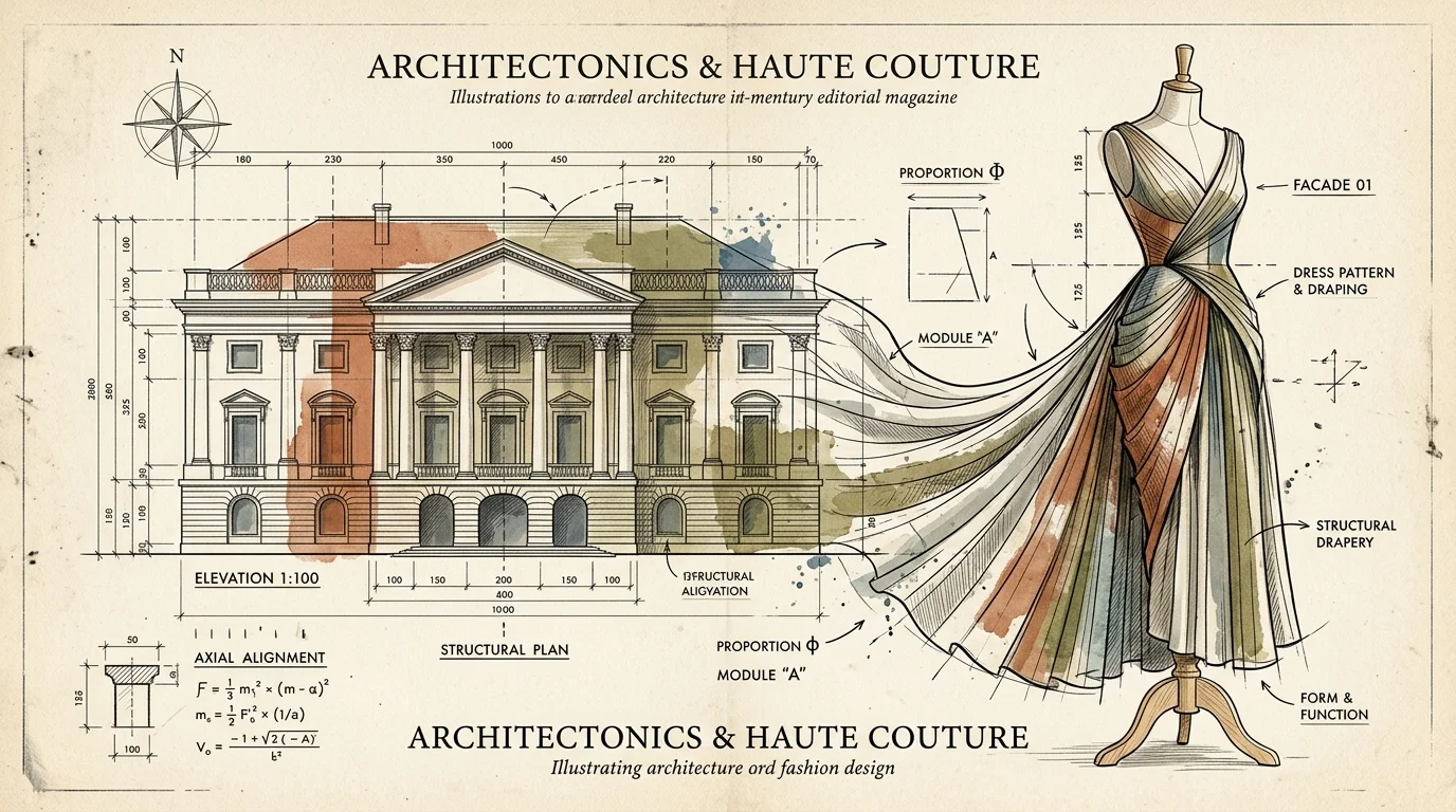 An editorial mixed-media illustration blending an architectural blueprint with the flowing lines of a fashion design dress.