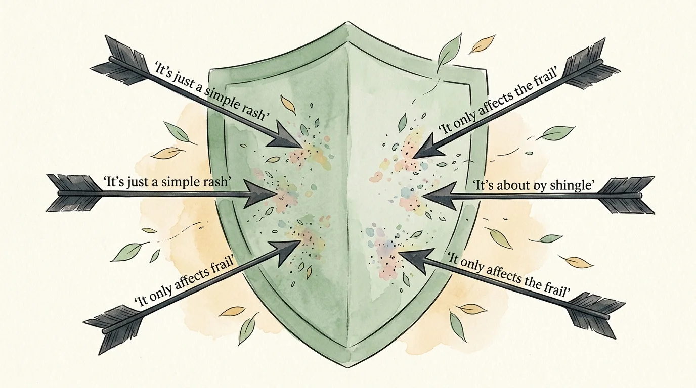An editorial watercolor illustration of a sage green shield deflecting dark charcoal arrows representing myths about shingles.