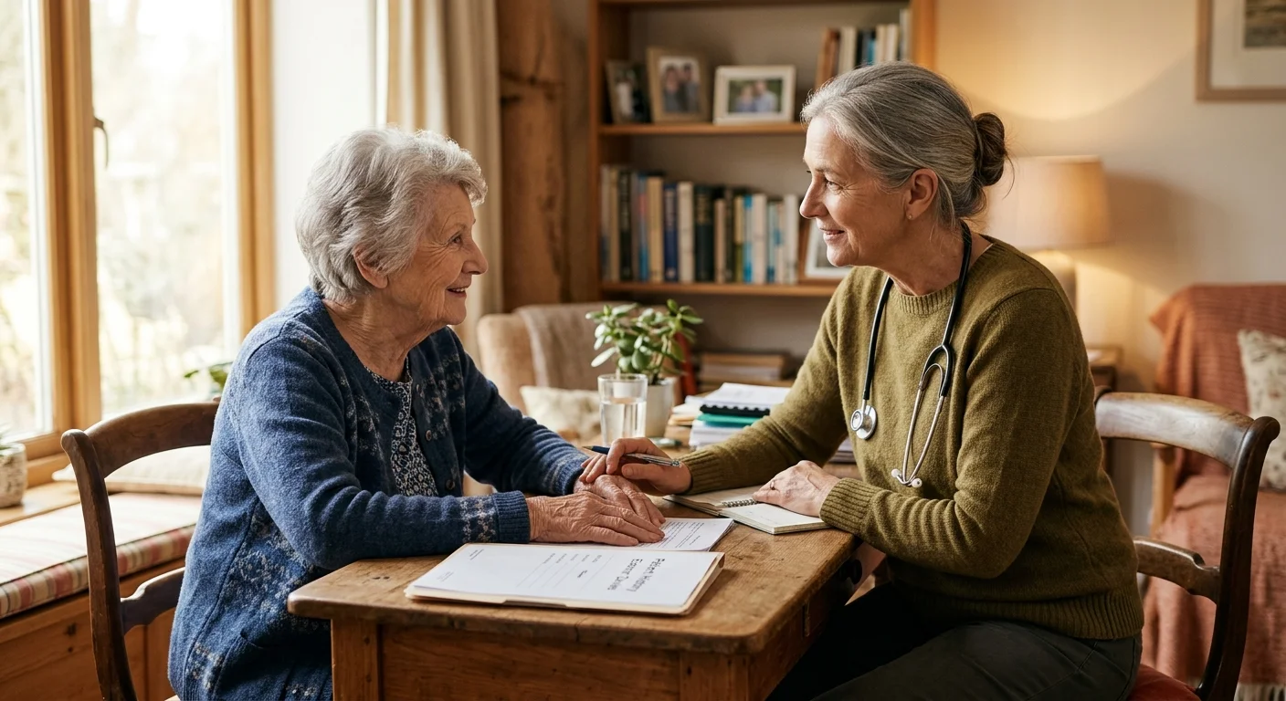 An empathetic doctor in a warm green sweater listening intently to an older patient in a sunlit, comfortable office.