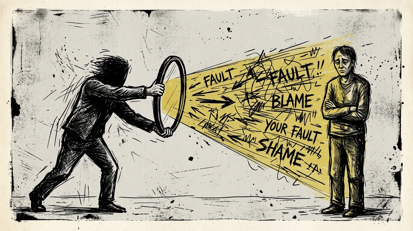 An expressive ink illustration of a person holding a mirror that projects a beam of blame onto another person.