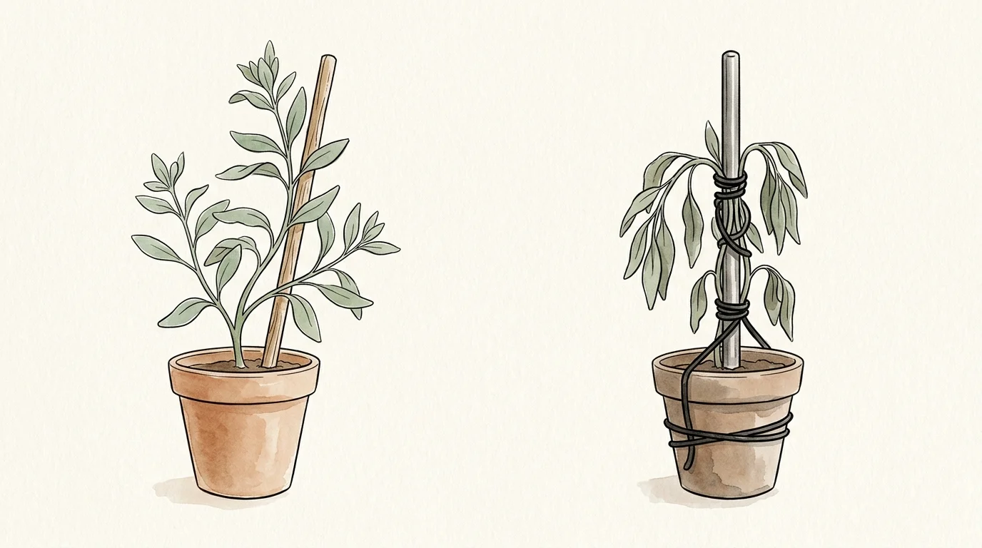 An illustration comparing a plant leaning gently on a wooden stake to another plant tightly bound and choked by thick cords.