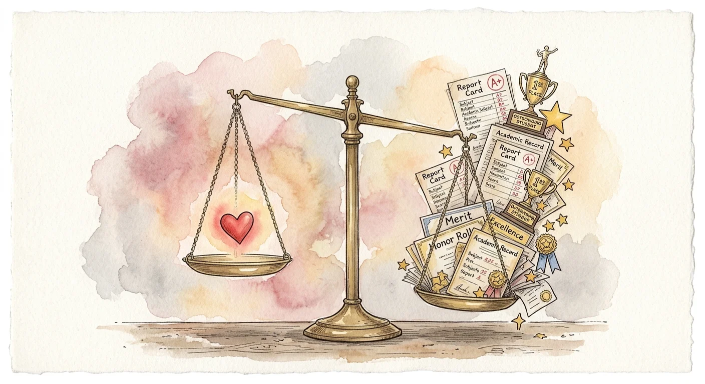 An illustration of a balance scale where a pile of report cards and trophies outweighs a small, glowing heart.