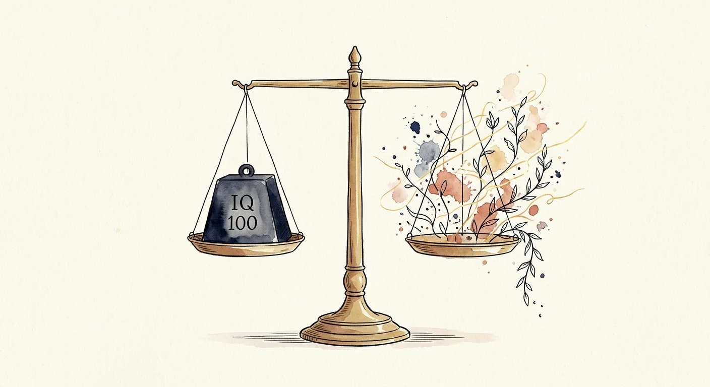 An illustration of a balance scale with a heavy block labeled 'IQ 100' on one side balanced by a fluid constellation of vines and glowing li
