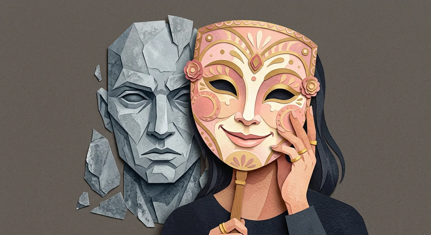 An illustration of a hand lifting a smiling, colorful mask to reveal a cold, stone face hidden behind it.