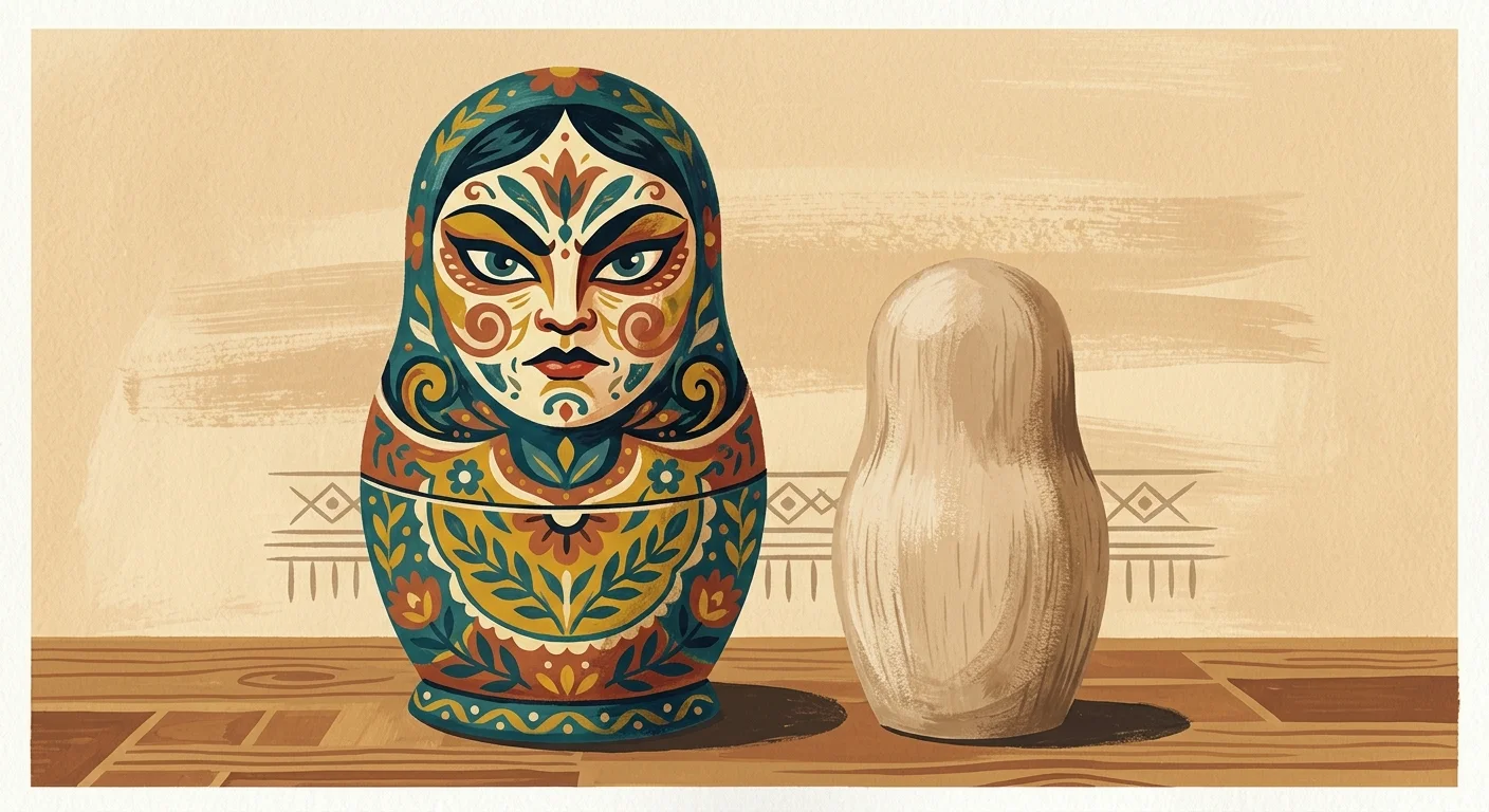 An illustration of a highly detailed, colorful nesting doll standing next to a smaller, blank, unpainted wooden doll.