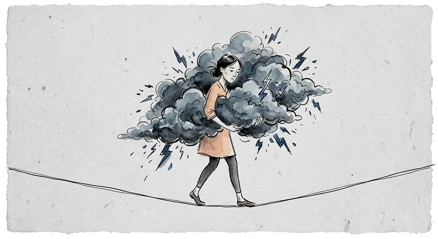 An illustration of a person balancing on a tightrope while carrying a massive bundle of heavy, dark storm clouds.