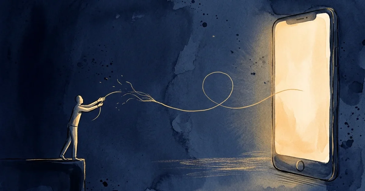 An illustration of a person on a ledge reaching for a fragile golden thread emerging from a glowing smartphone screen.