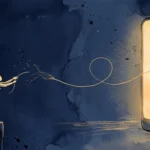 An illustration of a person on a ledge reaching for a fragile golden thread emerging from a glowing smartphone screen.