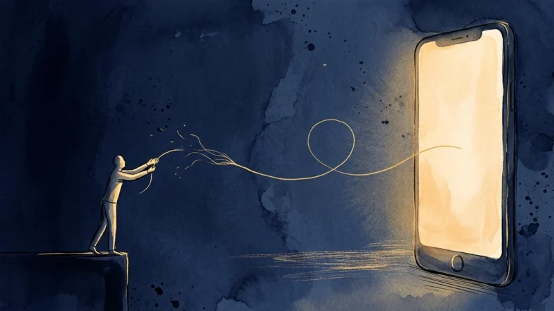 An illustration of a person on a ledge reaching for a fragile golden thread emerging from a glowing smartphone screen.