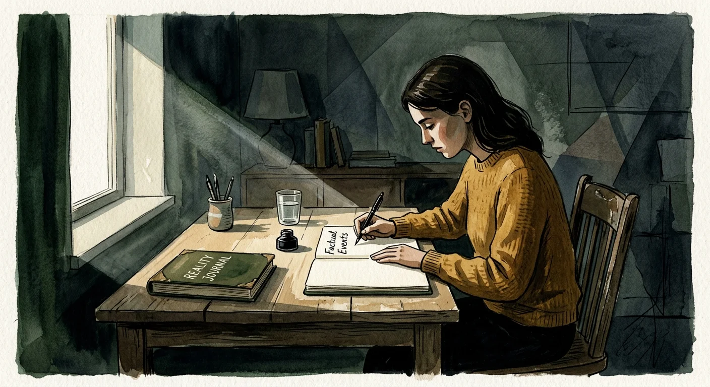 An illustration of a person writing 'Factual Events' in a journal under a warm beam of light, surrounded by dark shadows.