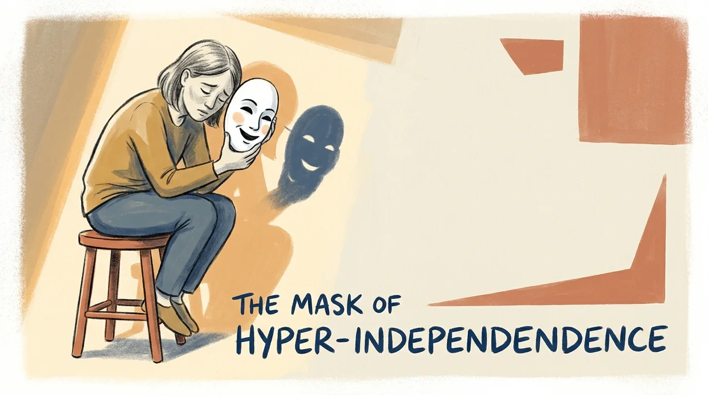 An illustration of a tired person holding a smiling porcelain mask away from their face, showing the exhaust of hyper-independence.