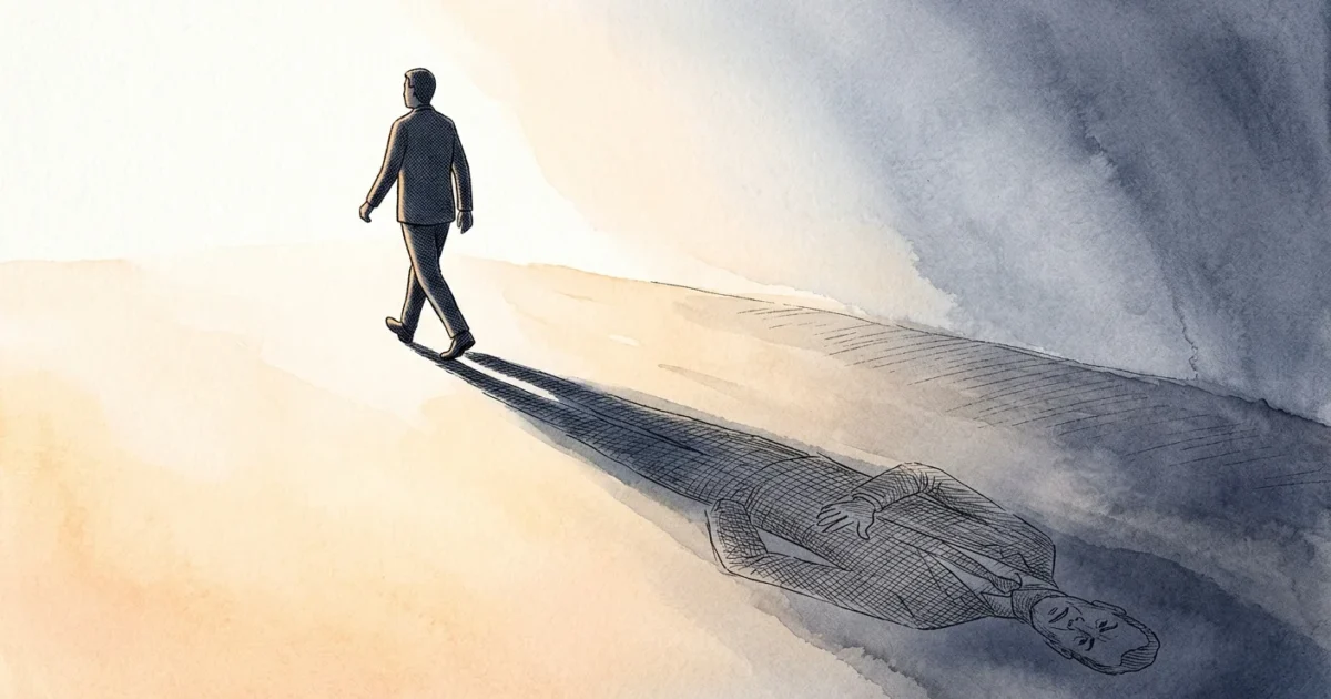 An illustration of an adult walking forward, casting a shadow that reveals a towering parental figure behind them.