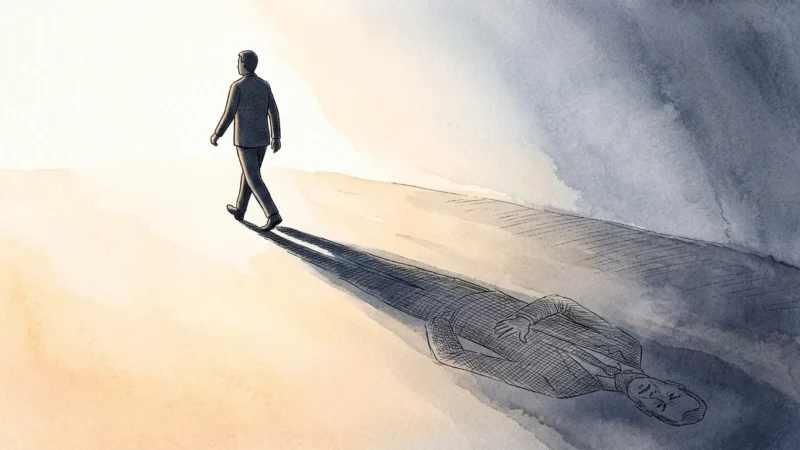 An illustration of an adult walking forward, casting a shadow that reveals a towering parental figure behind them.