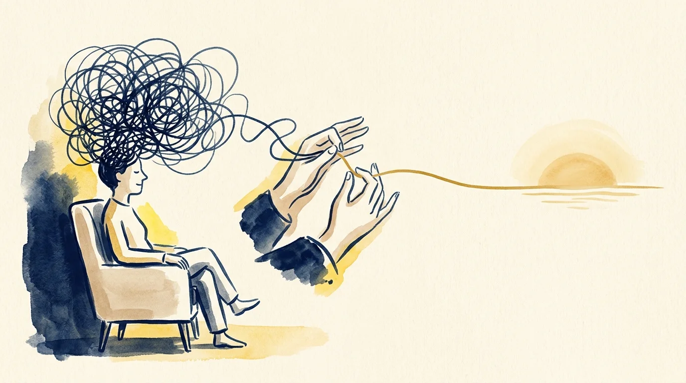 An illustration showing a tangled knot of lines from a person's head being unraveled into a straight golden horizon line.