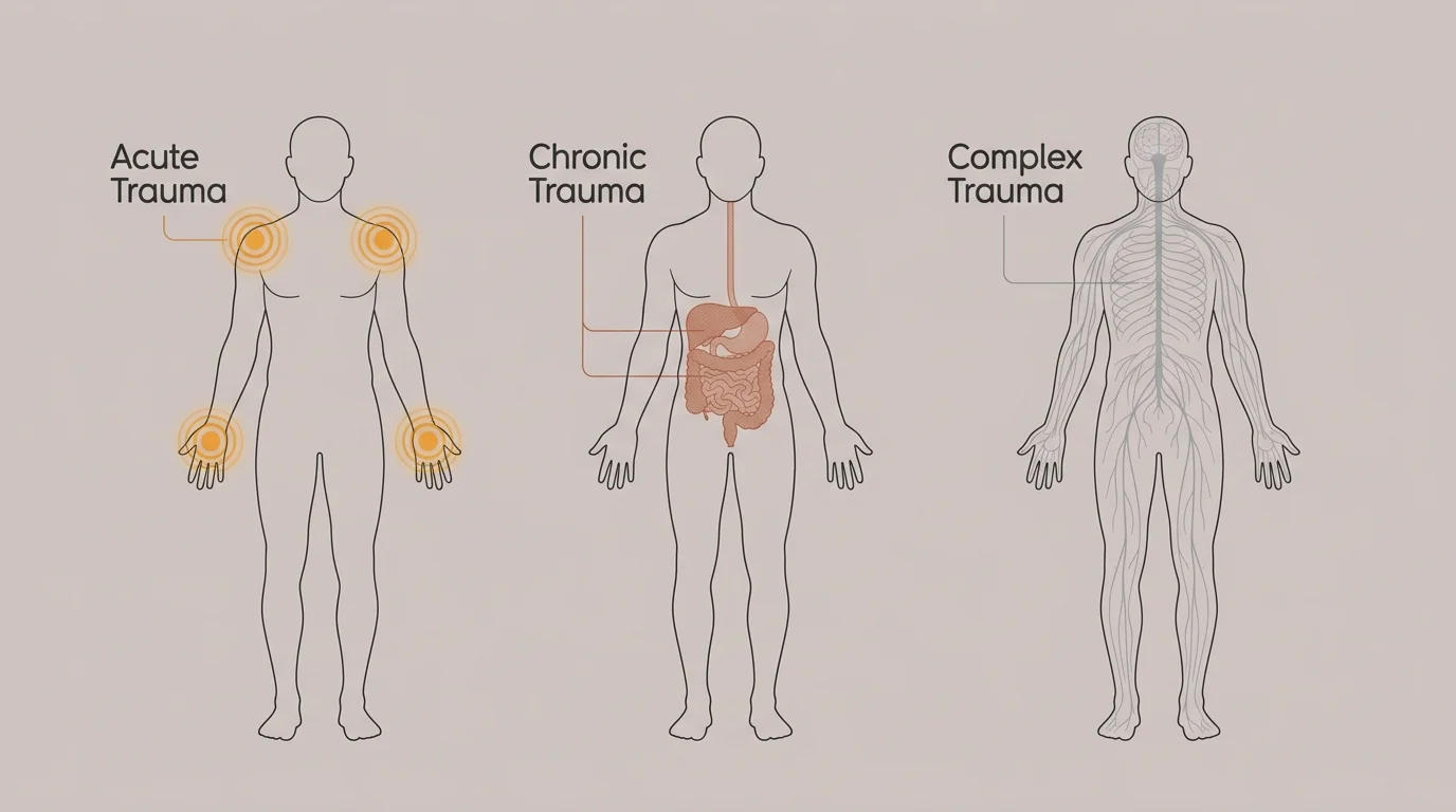 An infographic comparing how acute, chronic, and complex trauma manifest in different somatic regions of the body.