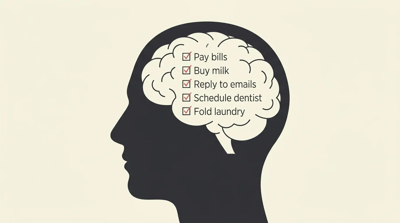An infographic showing a silhouette of a head filled with a literal hand-drawn to-do list instead of thoughts.