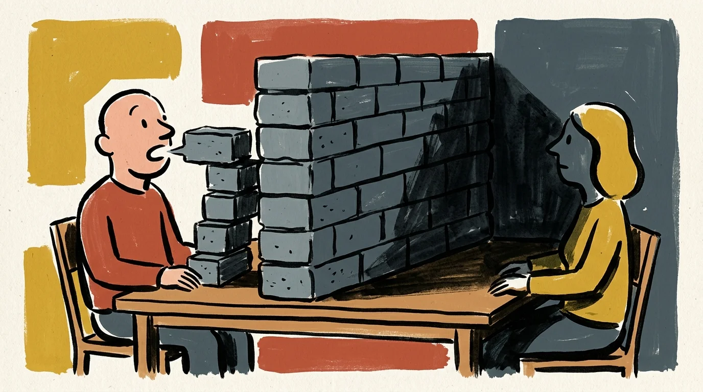 An ink and gouache illustration of a stone wall building itself on a table between two people, blocking communication.