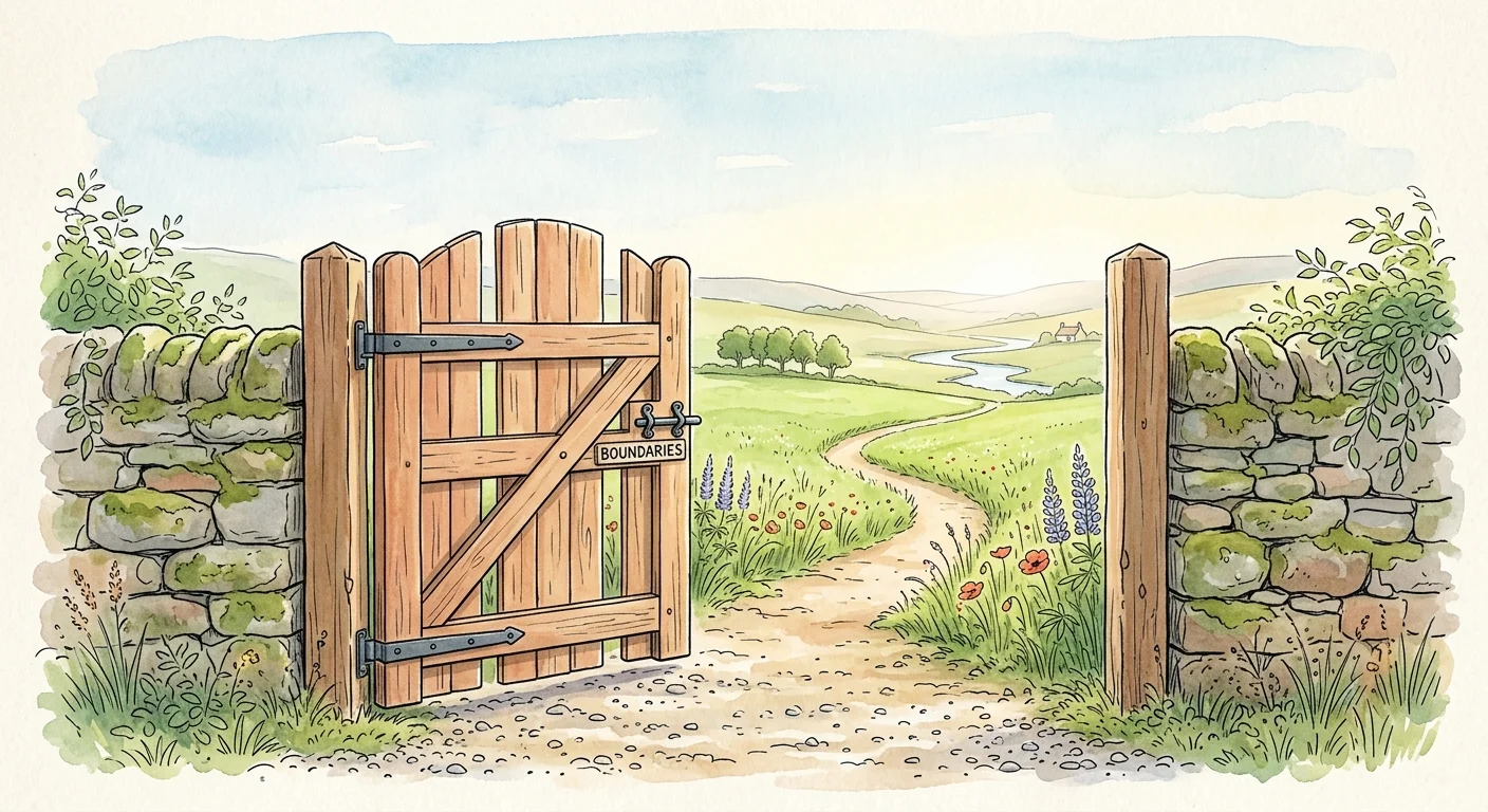 An ink and watercolor drawing of a sturdy wooden garden gate set in a stone wall, leading to a sunlit green meadow.