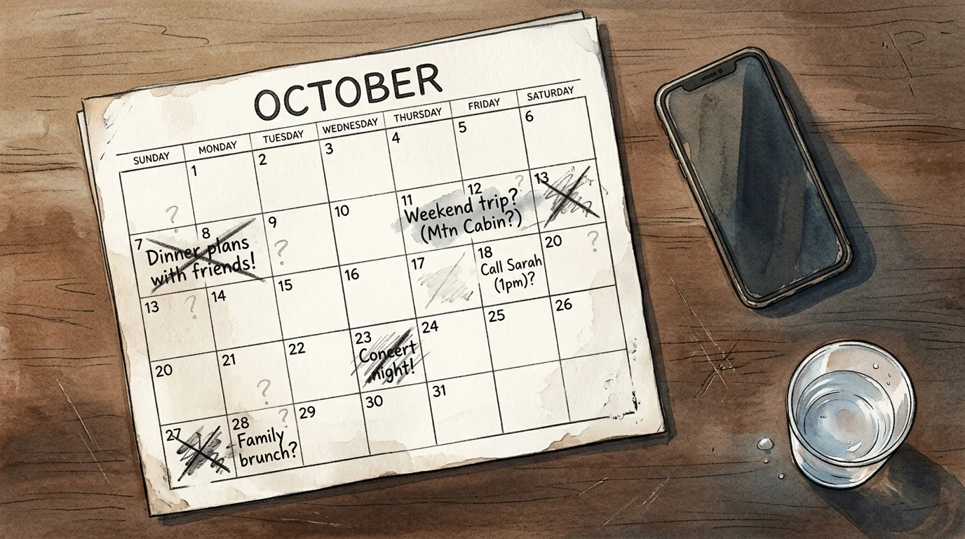 An ink and watercolor illustration of a calendar with smudged, canceled plans next to a face-down smartphone.