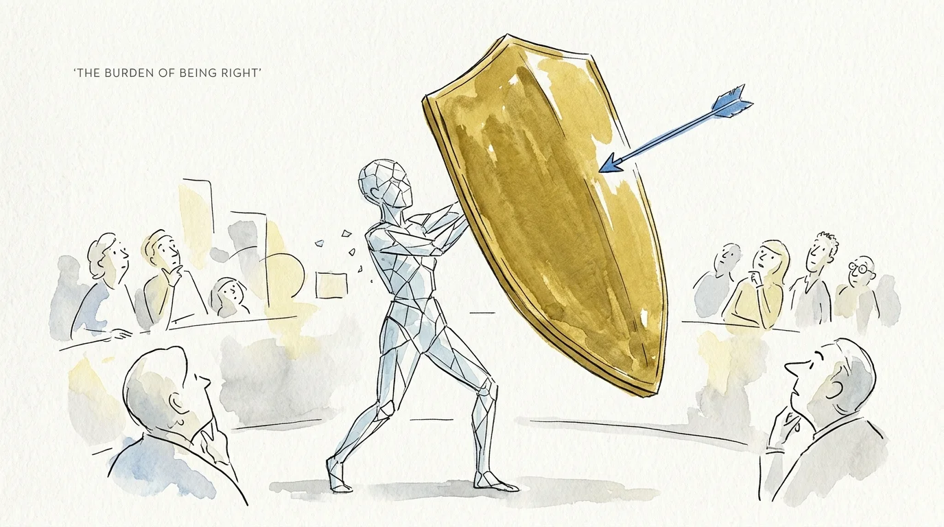 An ink and watercolor illustration of a fragile glass figure holding up a massive gold shield to protect itself from a small arrow.