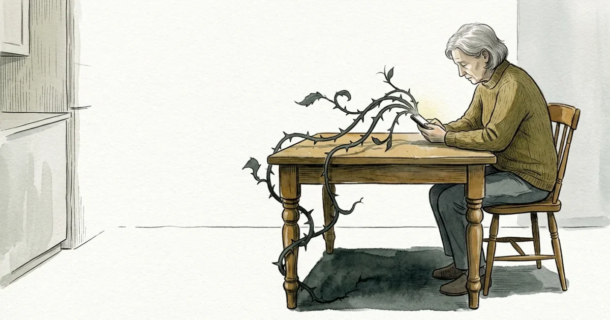An ink and watercolor illustration of a parent at a table, looking at a phone from which a thorny vine grows.