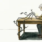 An ink and watercolor illustration of a parent at a table, looking at a phone from which a thorny vine grows.