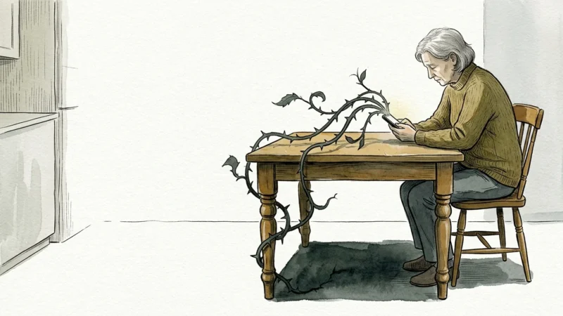 An ink and watercolor illustration of a parent at a table, looking at a phone from which a thorny vine grows.