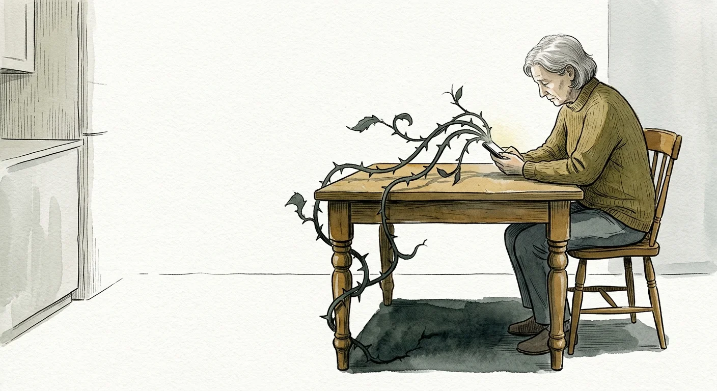 An ink and watercolor illustration of a parent at a table, looking at a phone from which a thorny vine grows.