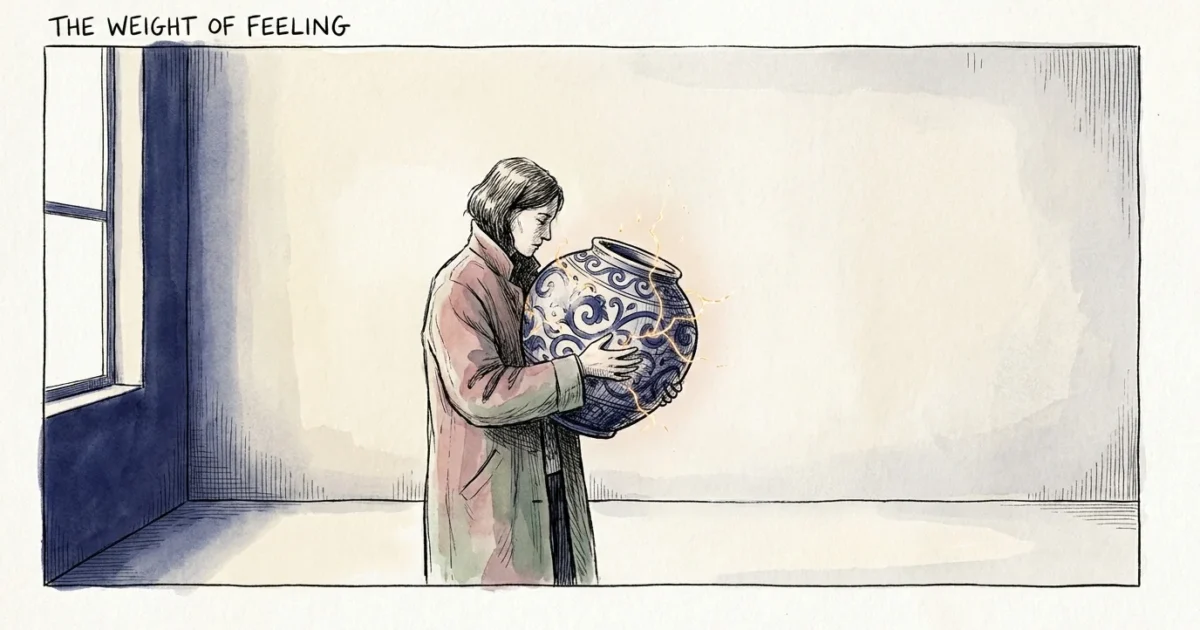 An ink and watercolor illustration of a person holding a large ceramic vase with glowing gold cracks, symbolizing hidden internal pressure.