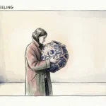 An ink and watercolor illustration of a person holding a large ceramic vase with glowing gold cracks, symbolizing hidden internal pressure.